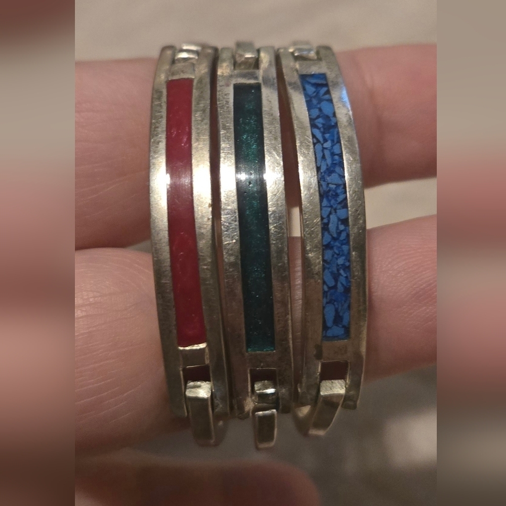 Vintage Charming Kids' Silver 925 Bangle Trio with Colorful Accents